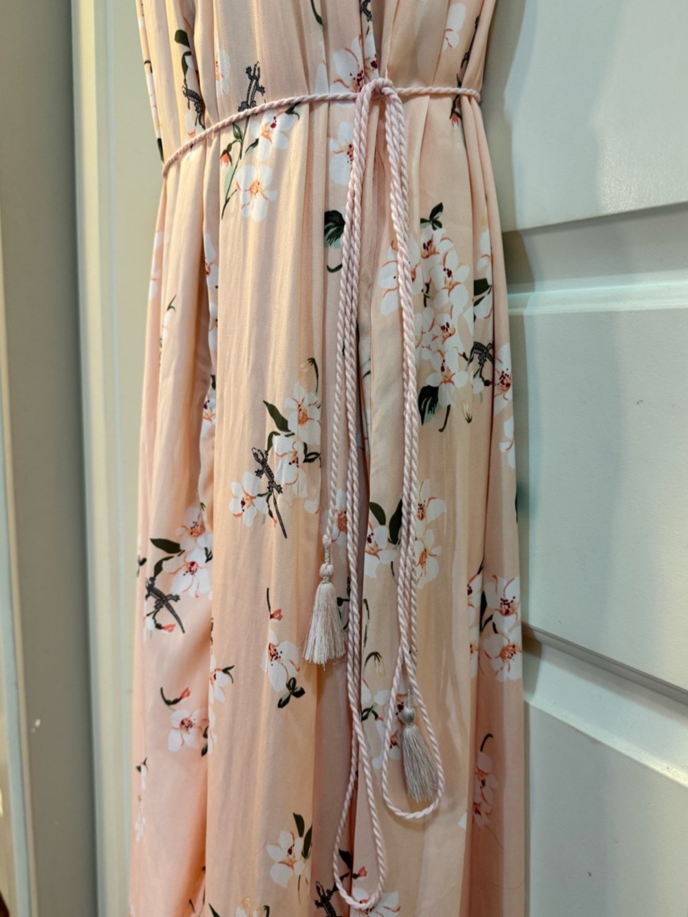 Abercrombie & Fitch Blush Pink Peach Floral Maxi Dress Medium Tassel Tie Summer - Picture 7 of 10